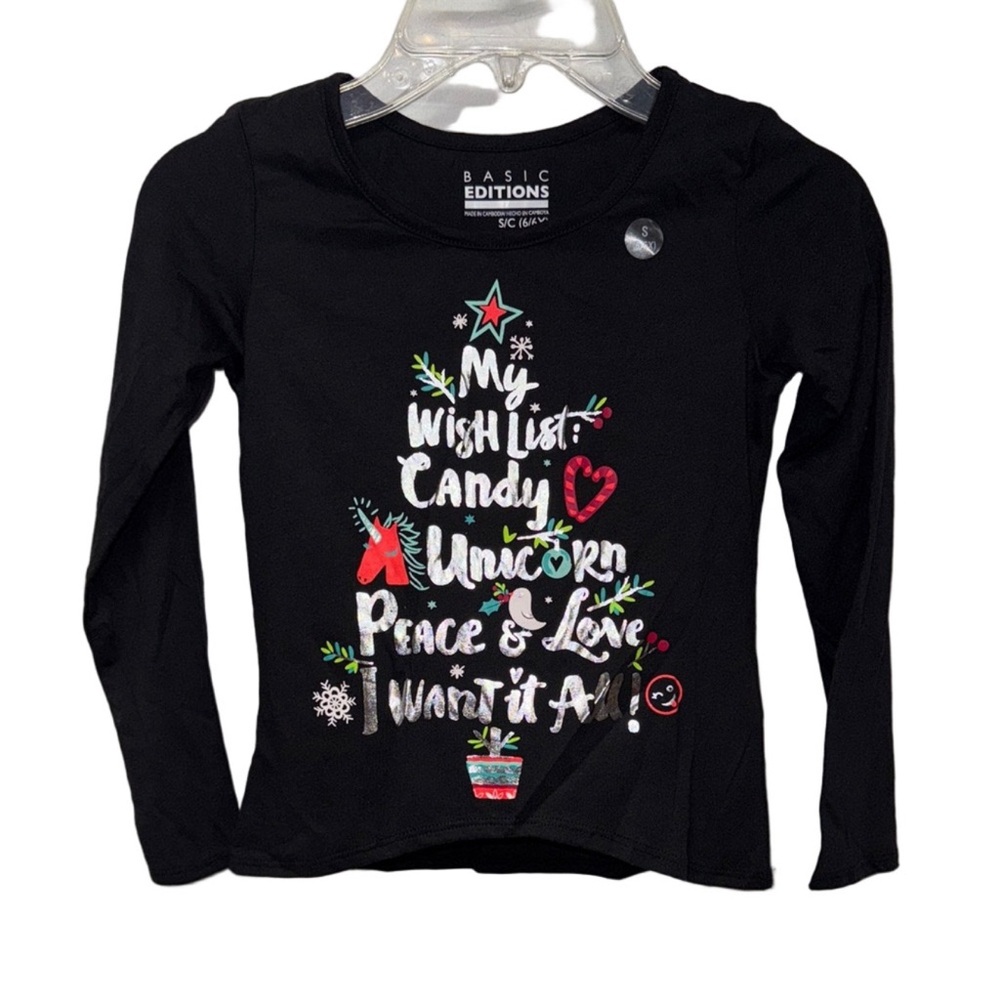Basic Editions Girls Christmas Tree Unicorn Holiday Graphic Long Sleeve Tee